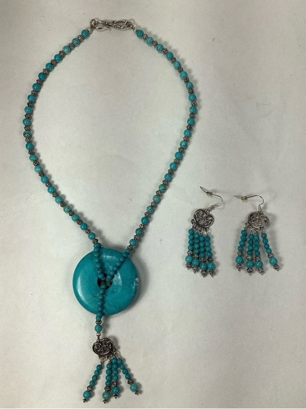Turquoise Bead Pendant Necklace with Tassel Earrings - Turquoise